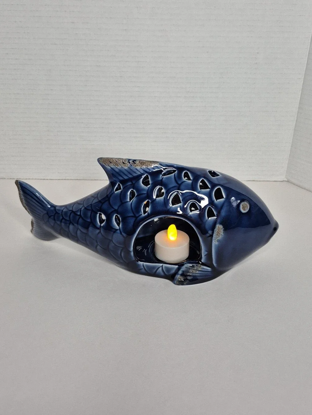 Pier 1 Vintage Cobalt Blue Ceramic Large Fish Tealight Candleholder NWT Rare